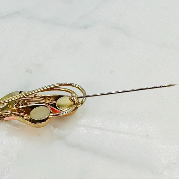 Vintage Flower Brooch Enamel Rhinestone PinTulip Lilly Long Peach Green … - Picture 8 of 11